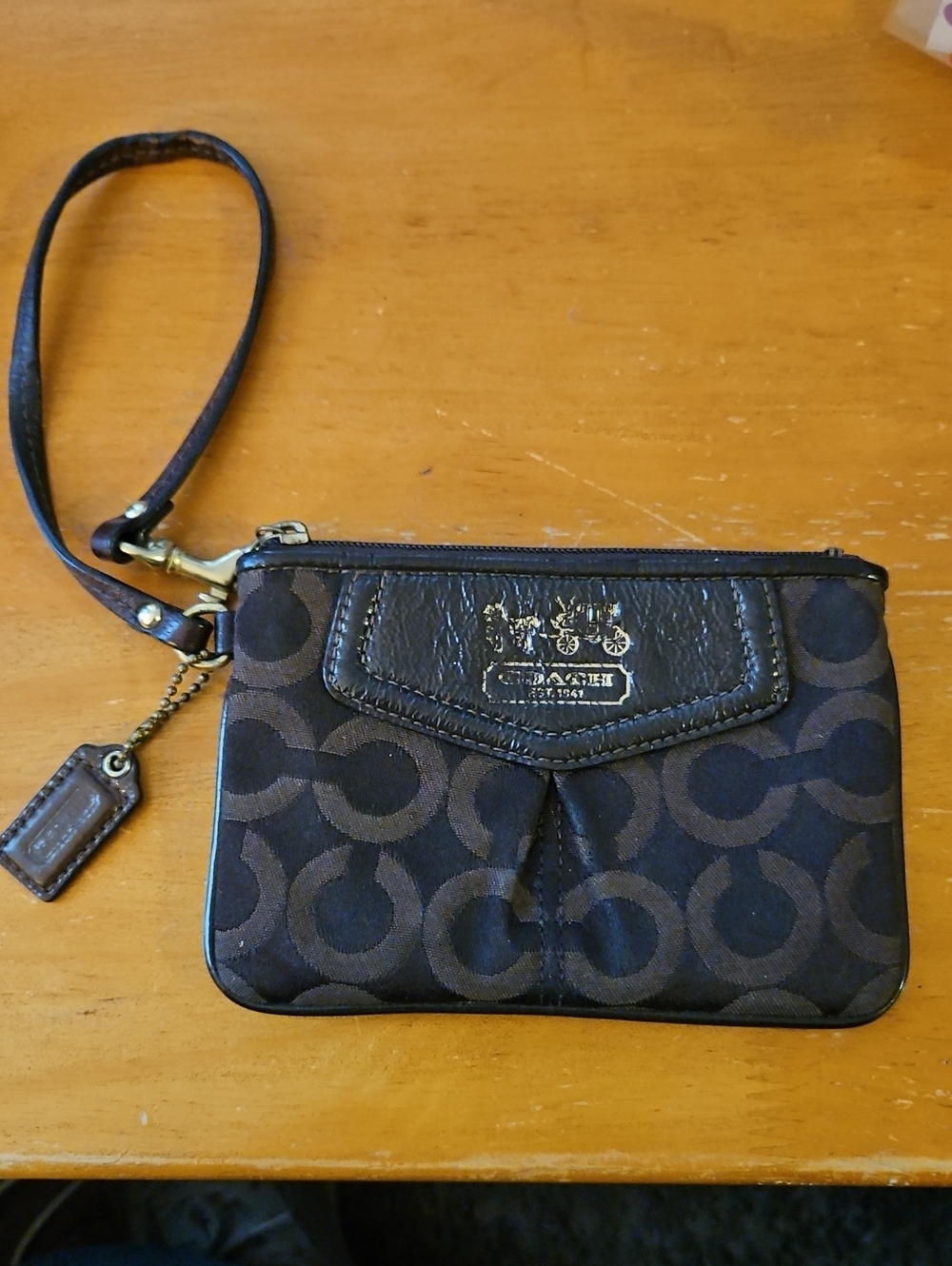 Coach Dark Brown Signature Wristlet Clutch with Gold Hardware
